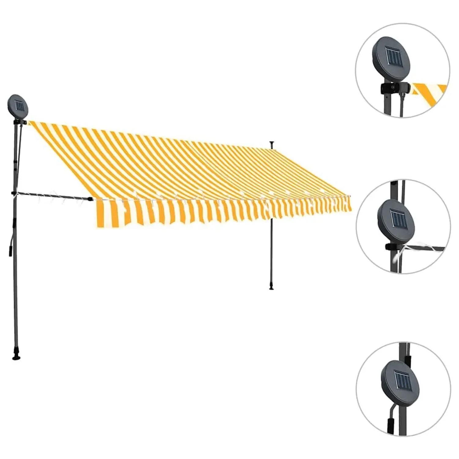 Weiße und orange gestreifte, handbetriebene Einziehmarkise (400 cm) mit LED-Beleuchtung und Solarpanel.