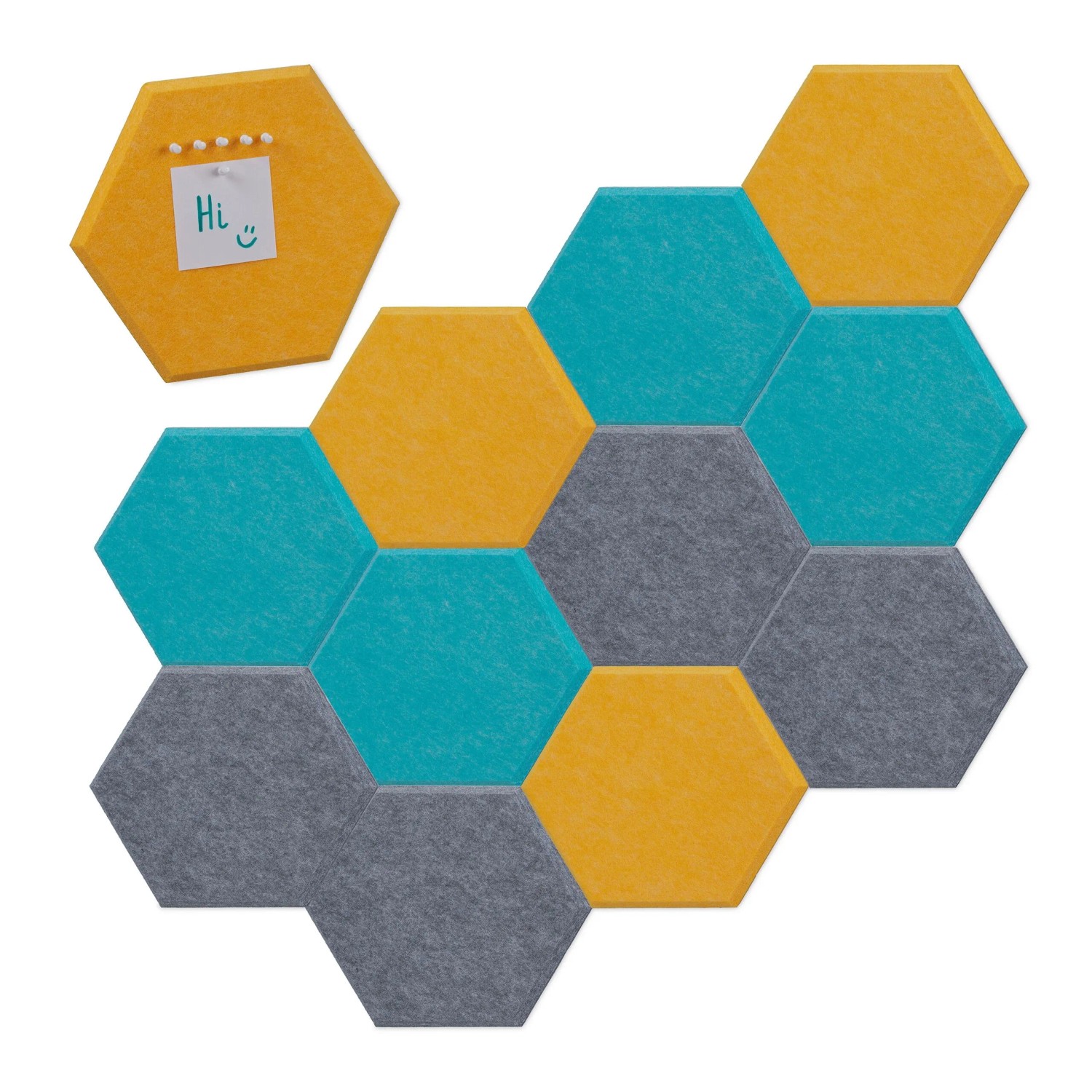 Relaxdays Filzpinnwand Sechsecke 12er Set Filz Blau Gelb Grau Selbstklebend 26 cm x 30 cm x 0,9 cm 80 g
