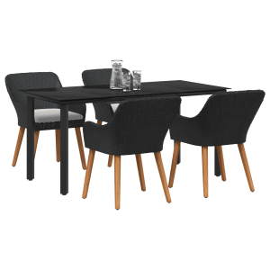 Schwarzes 5-teiliges Garten Esstischset aus Polyrattan mit Tisch und vier Stühlen.