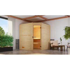 Weka Massivholzsauna Valida Eck mit Glastür, 7,5 kW Ofen im Sparset. Sauna aus Fichtenholz mit Eckeinstieg.