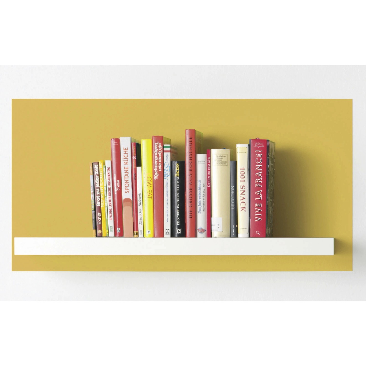 Regal mit Kochbüchern vor einer Wand in Alpina Color Sahara Brown.