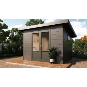 Modernes, anthrazitfarbenes WPC Gartenhaus Terra 3030 mit Doppeltür und Fenster. Ideal zur Gartenaufbewahrung.