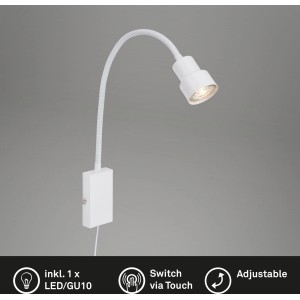 Weiße Briloner LED-Bettleuchte Tusi mit Flexarm und Touchfunktion als Wandlampe.