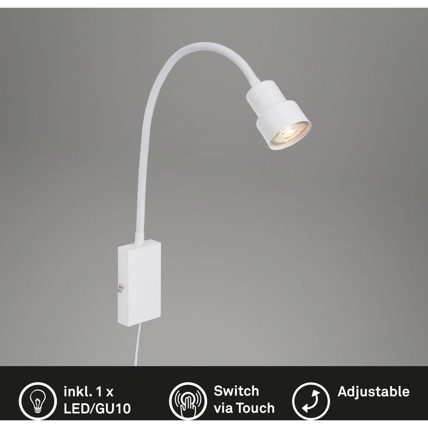 Weiße Briloner LED-Bettleuchte Tusi mit Flexarm und Touchfunktion als Wandlampe.