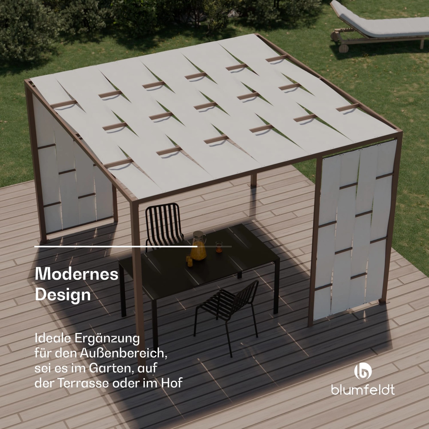 Weiße Blumfeldt Stoff-Pergola Shade Cove 3x3 m mit Seitenwänden im Garten.