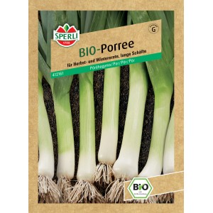 Sperli Bio Porree Samenpackung mit blaugrünen Pflanzen für Herbst- und Winterernte.