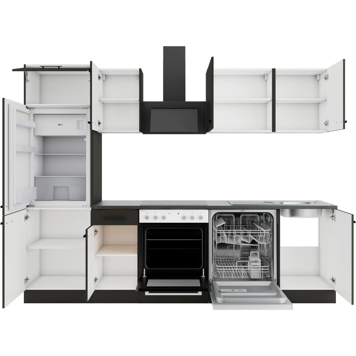 Anthrazitfarbene OPTIFIT Madrid420 Küchenzeile (270 cm) ohne E-Geräte mit geöffneten Schranktüren.