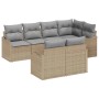 Beiges 7-teiliges Garten-Sofa-Set aus Poly Rattan mit grauen Kissen von vidaXL.