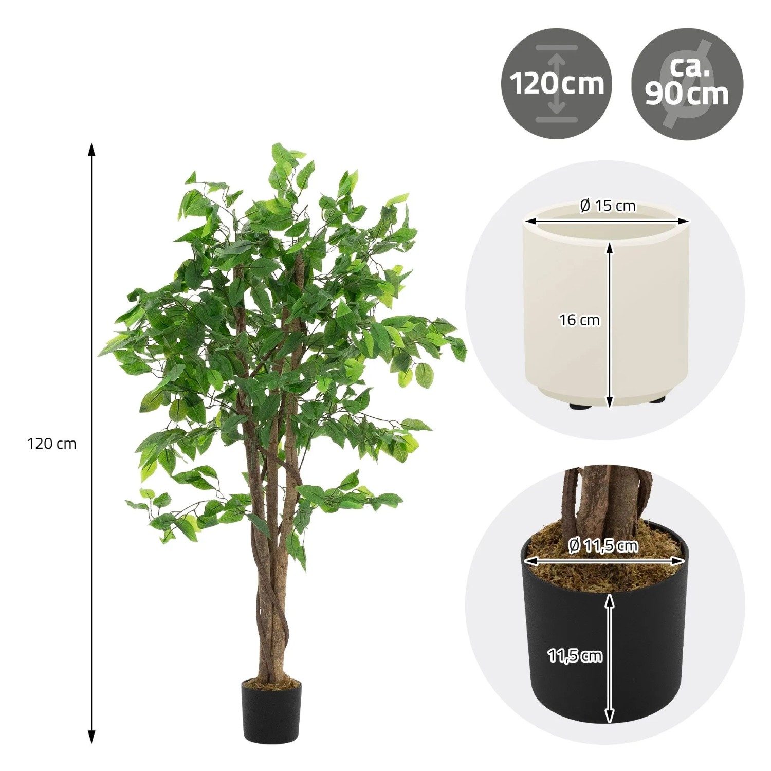 Künstlicher Ficusbaum 120 cm mit grünem Blattwerk, Naturholzstamm, schwarzem Topf und weißem Übertopf.