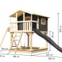 Karibu Stelzenhaus Benjamin mit Rutsche und Doppelschaukel, natur-grau, mit Maßangaben.