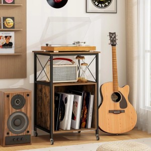 Costway Schallplatten-Ständer/Beistelltisch aus Holz in Braun mit Regalen und Rollen.