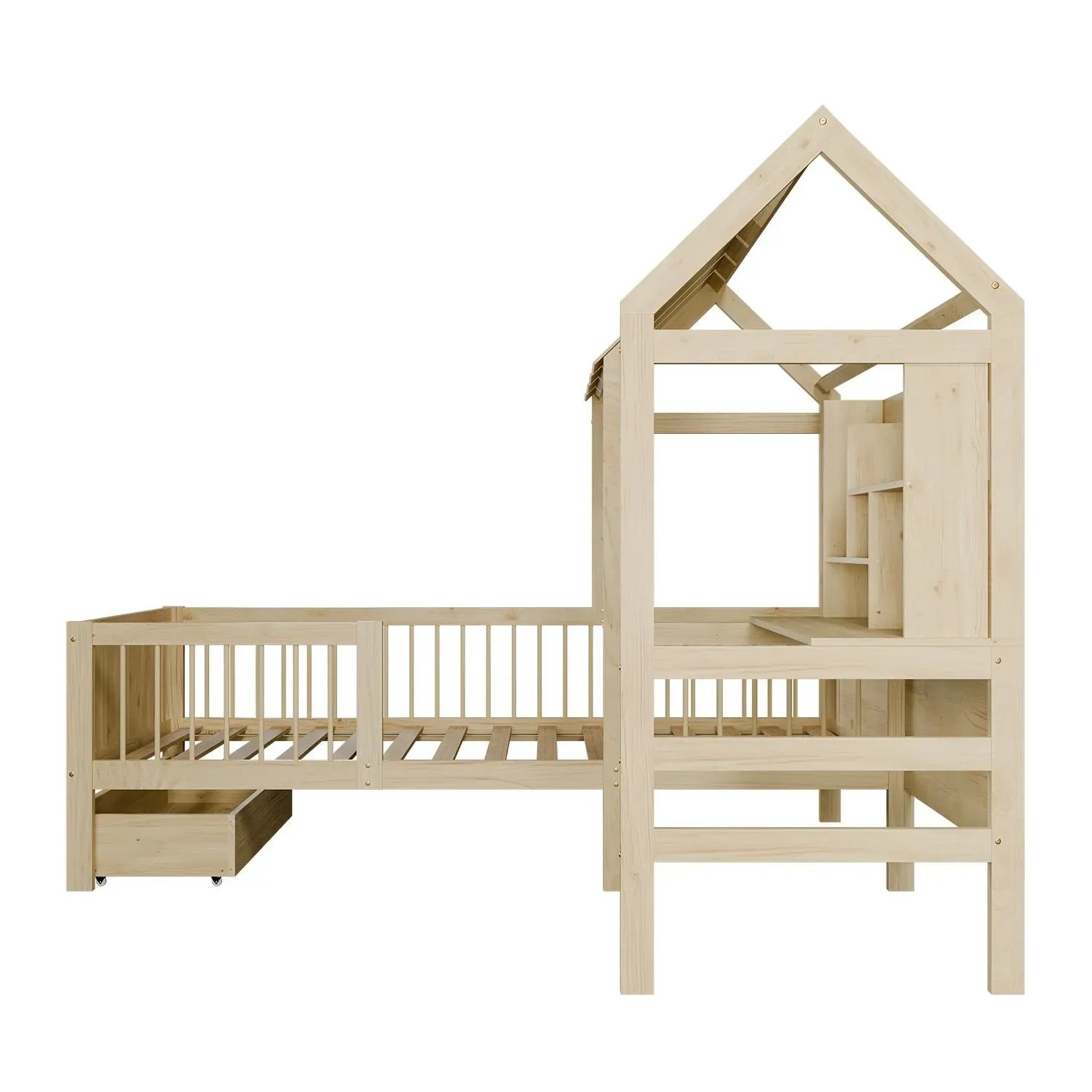 Juskys Kinderbett Yari 90x200 cm Natur mit Schreibtisch und Schublade.