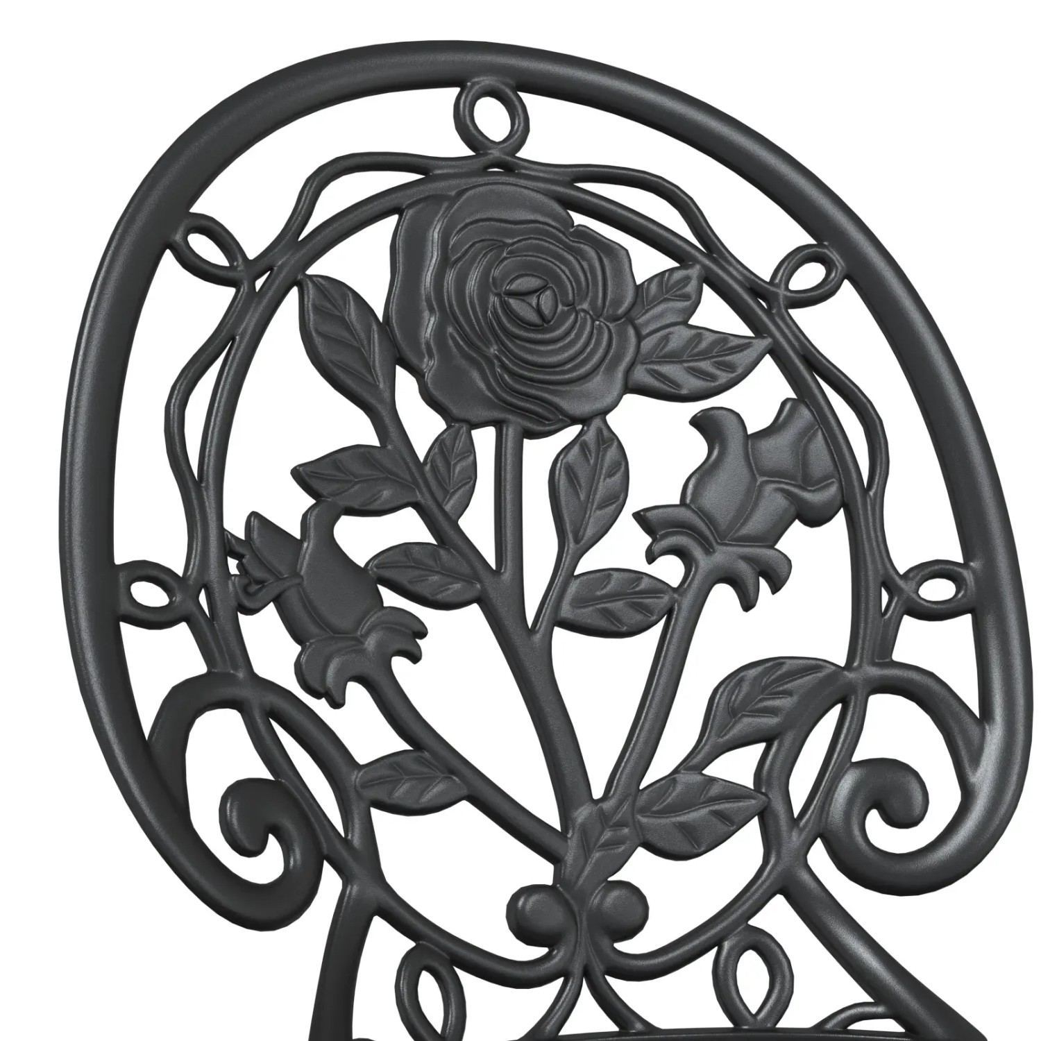 Detailansicht: Schwarzer Gartenstuhl mit Rosenmuster aus Aluminium, Teil eines Bistro Sets.