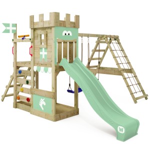 Wickey Spielturm DragonFlyer mit Rutsche in Pastellgrün, Kletterwand, Schaukel und Sandkasten.