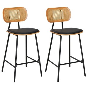 2er Set Costway Barhocker mit Rattanlehne, schwarzem Kunstledersitz und Fußstütze.