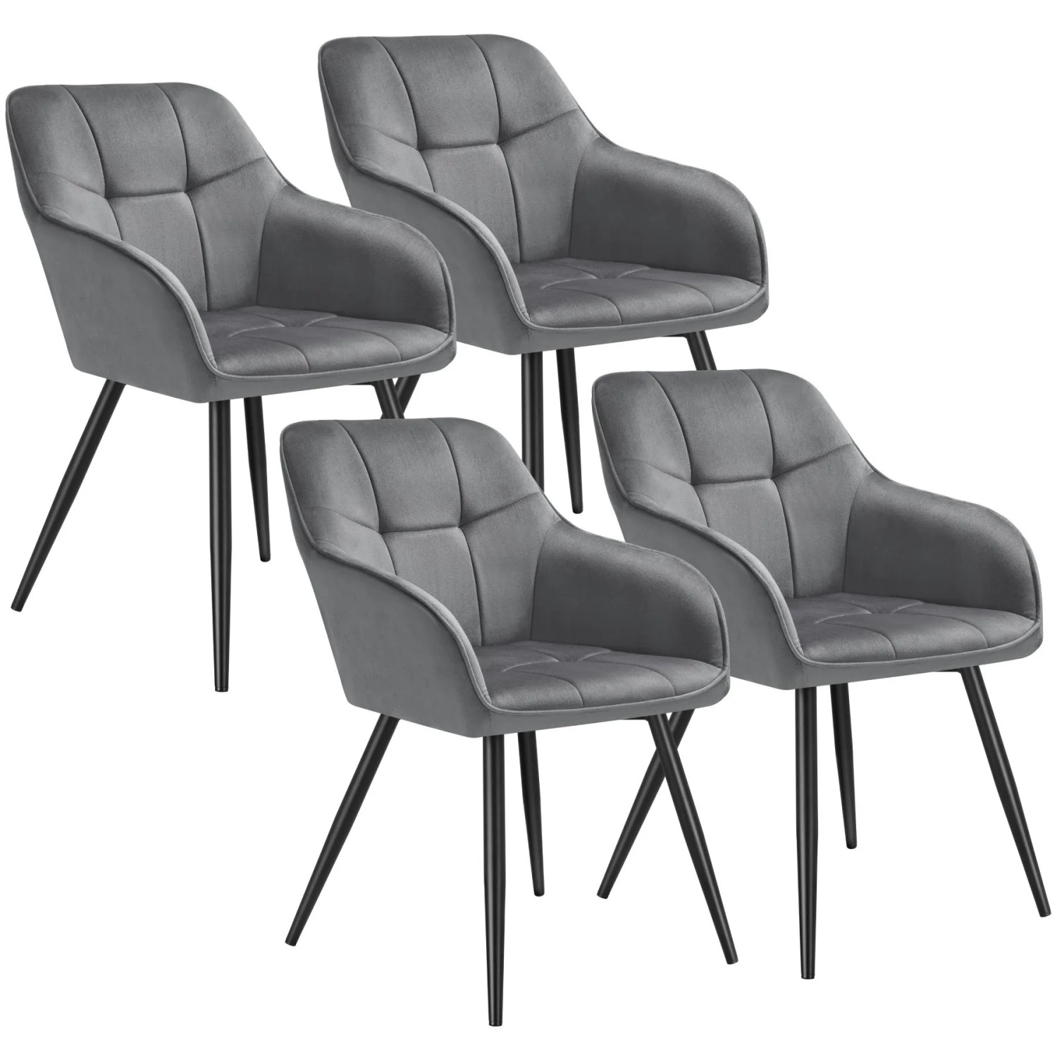 Tectake Esszimmerstuhl Marilyn Gepolstert  In Samtoptik  Gesteppt Durchgehende Lehne 4Er Set 62 x 58 x 82 cm Grau Schwarz