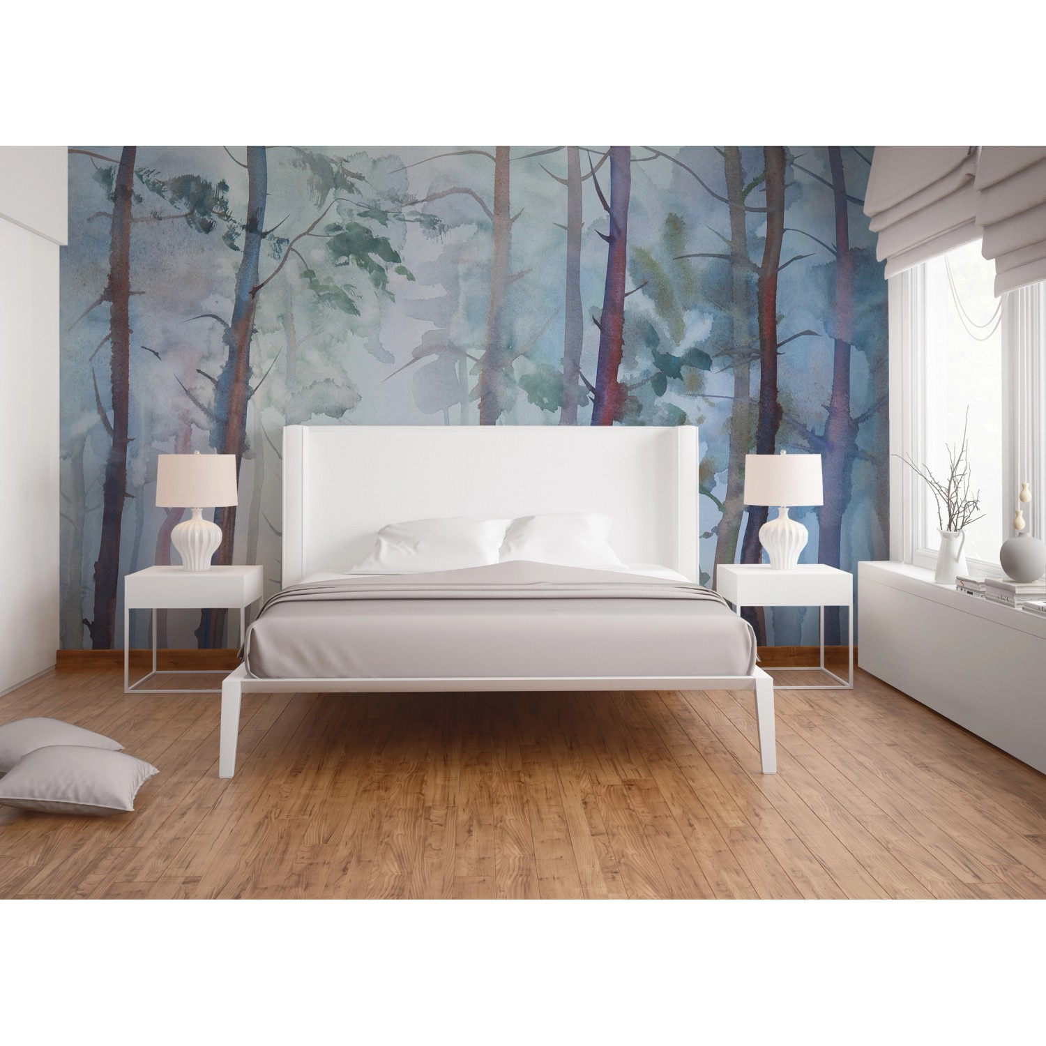 Fototapete Wald Aquarell in Blau und Grün im Schlafzimmer, 3,50x2,55m