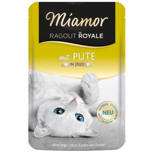 Miamor Ragout Royal Pute in Jelly, 100g Katzen-Nassfutter im gelben Beutel mit Katzenmotiv.