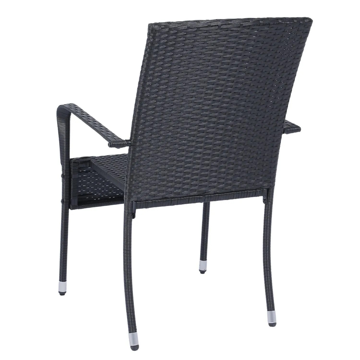 Schwarzer Polyrattan Gartenstuhl Yoro aus dem 6er Set, stapelbar, mit Armlehnen, Rückansicht.