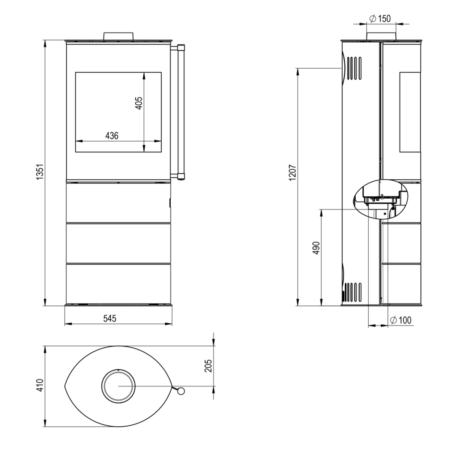 Technische Zeichnung Kaminofen H&M Citro 2.0, creme-weiß, ovale Form, Maße und Anschlüsse für Installation.