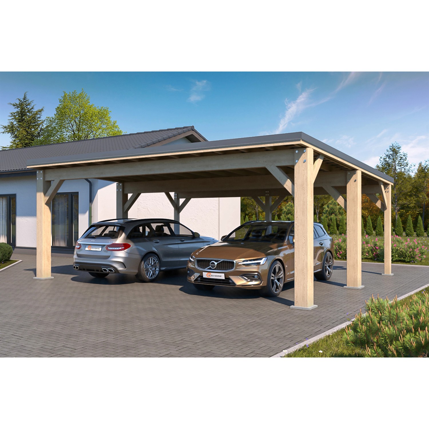 Holzbrüder Carport Ralf 42 in Natur/Dunkelgrau mit zwei geparkten Autos.