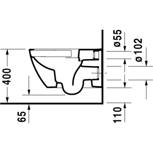 Technische Zeichnung Duravit Wand-WC Happy D.2, spülrandlos, mit Maßangaben für die Installation.