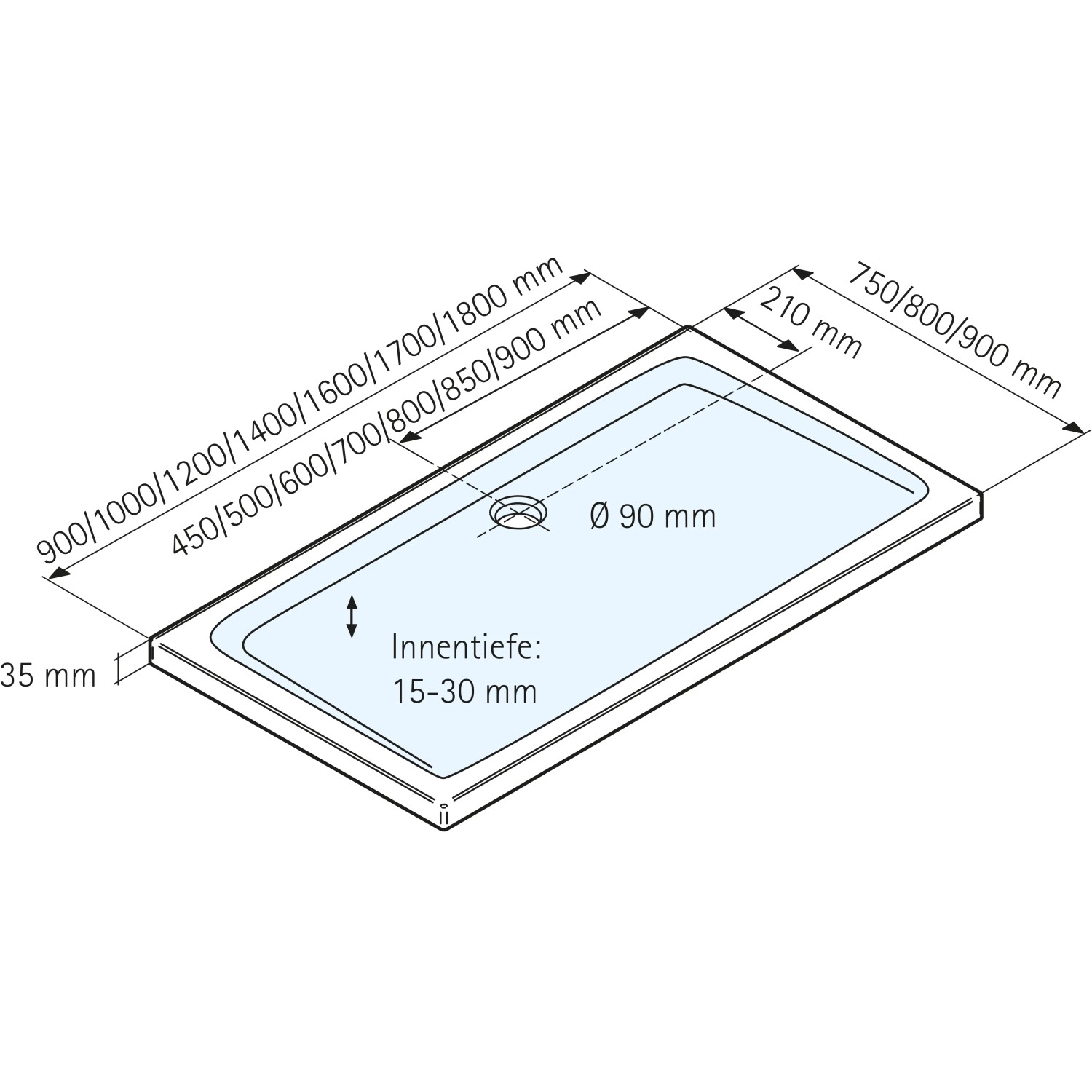 Technische Zeichnung: Schulte Duschwanne, rechteckig, 90x80 cm, Alpinweiß, Maße und Ablaufposition