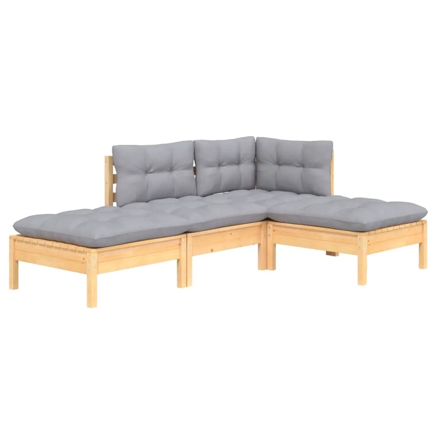 4-tlg. Gartenlounge-Set aus Kiefernholz mit grauen Kissen. Gartenmöbel für Terrasse und Garten.