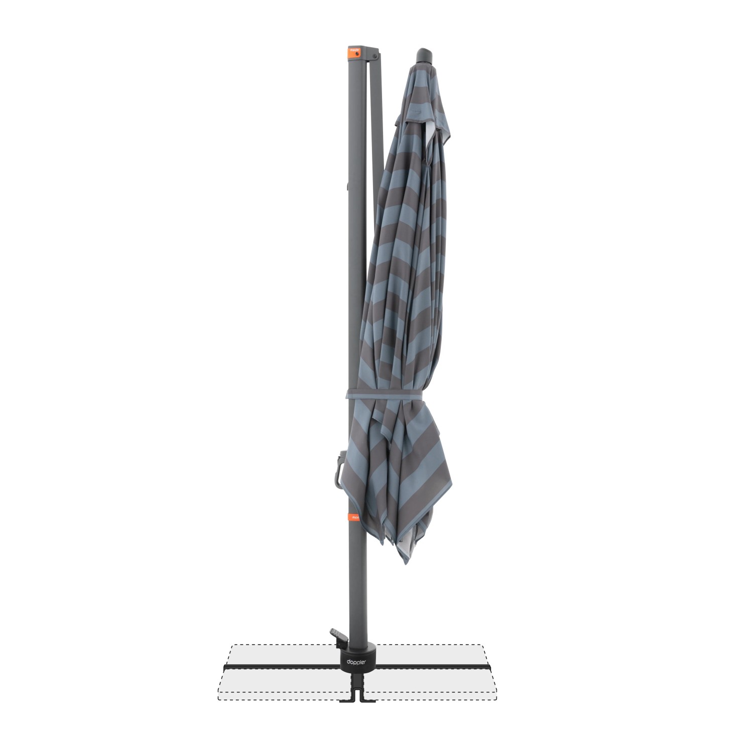 Doppler Ampelschirm myZone AX 320x240 cm, blau-grau gestreift, geschlossen mit Standkreuz.