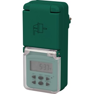 Grüne digitale Wochen-Zeitschaltuhr IP44 für den Außenbereich, 10 Schaltzeiten.