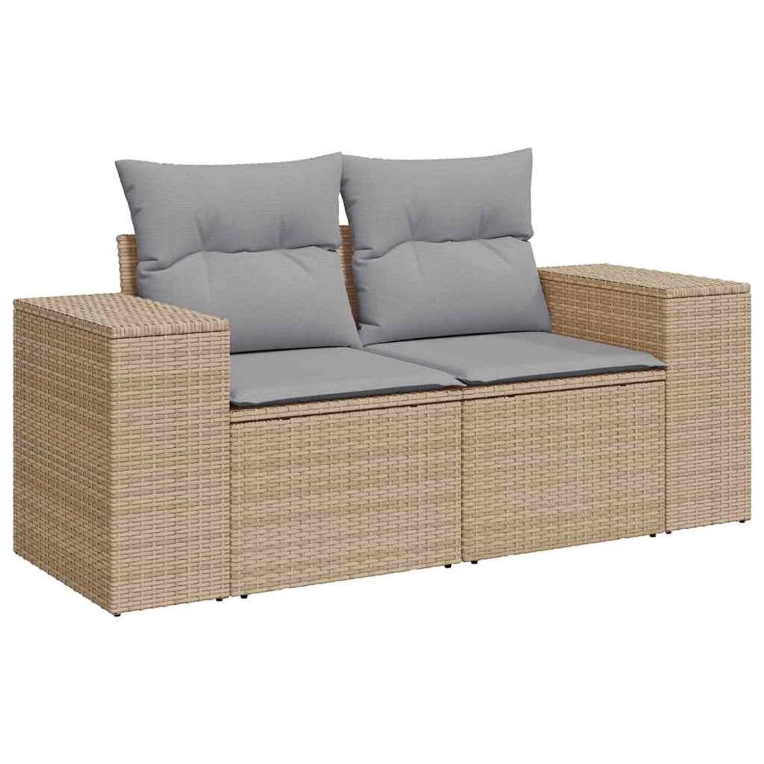Beiges 10-tlg. vidaXL Garten-Sofa-Set aus Poly Rattan mit grauen Kissen.
