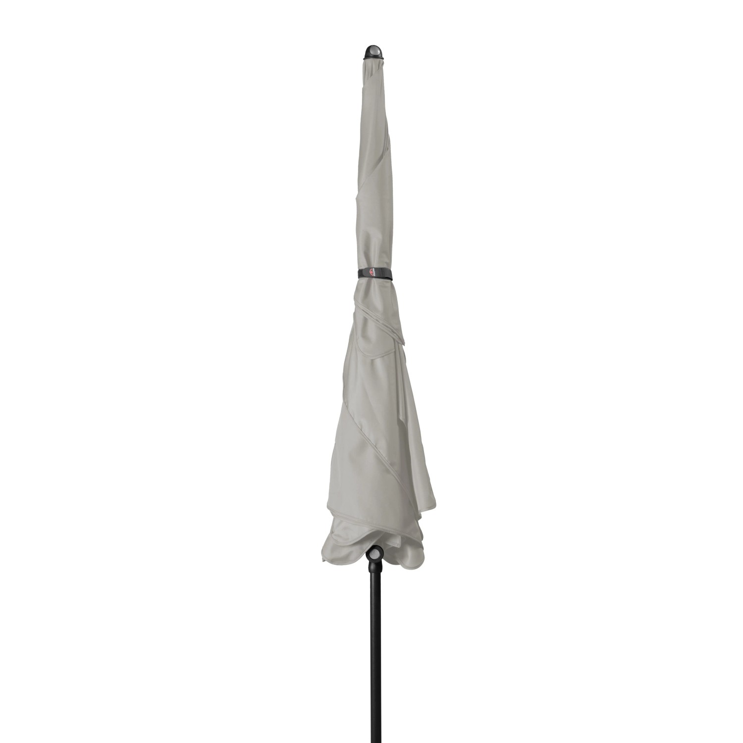 Zusammengefalteter, hellgrauer Doppler Balkonschirm Waterproof 118x218 cm mit Knickfunktion.