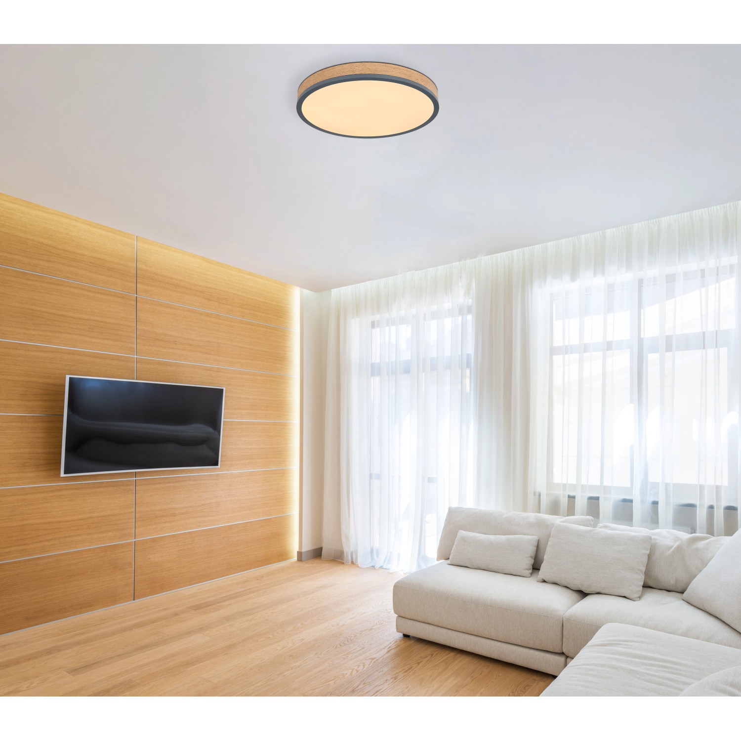 Runde LED-Deckenleuchte Doro in Graphit und Holzoptik, dimmbar und mit Fernbedienung.