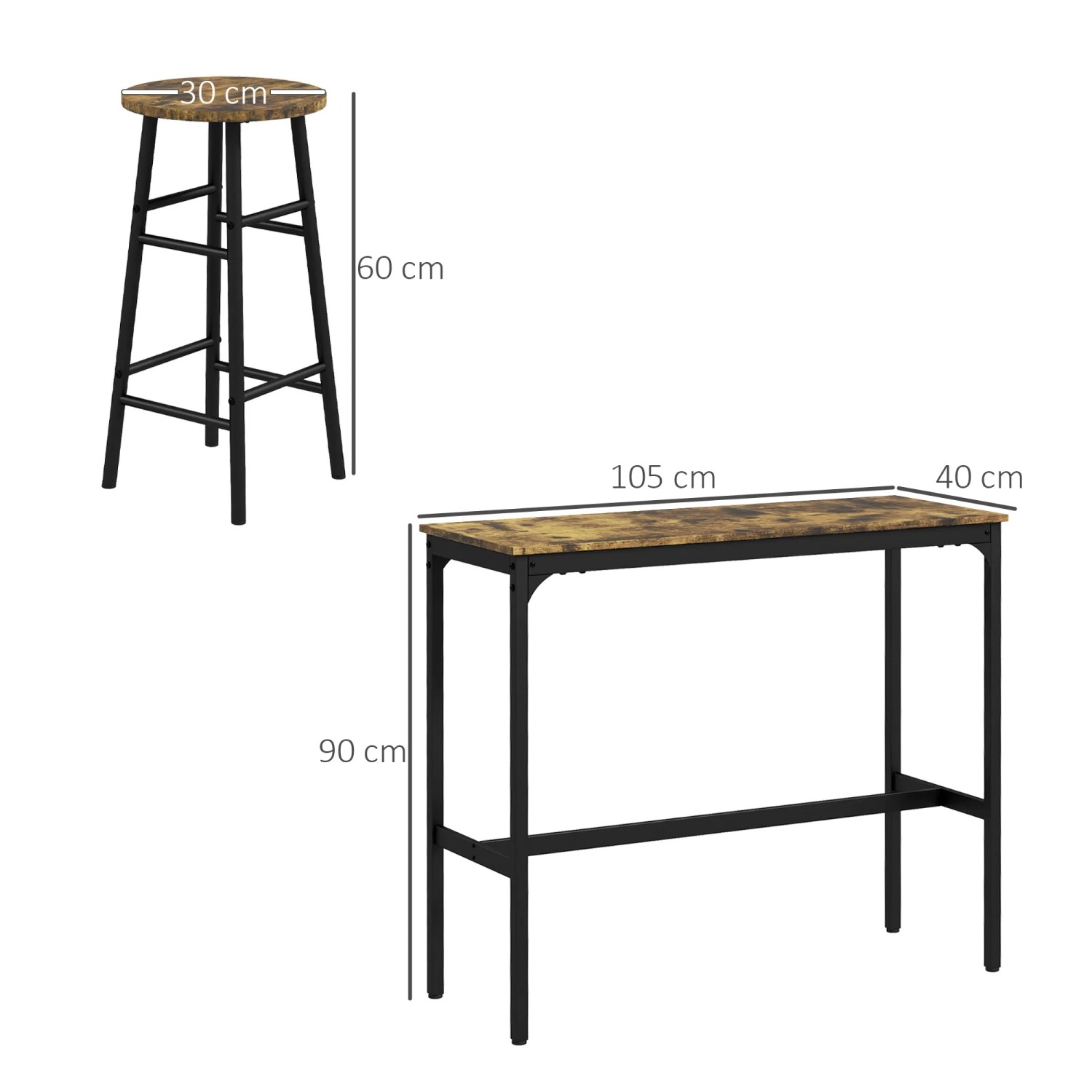 HOMCOM Bartisch-Set, 3-teilig im Industrie-Design mit Tisch und zwei Barhockern in Rustikal-Braun.