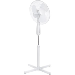 Weißer Tristar Standventilator, 40 cm, mit Schutzgitter und drei Rotorblättern.