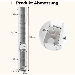 Weißer schmaler Badschrank mit 2 Türen, Schublade und offenen Fächern, detaillierte Abmessungen.