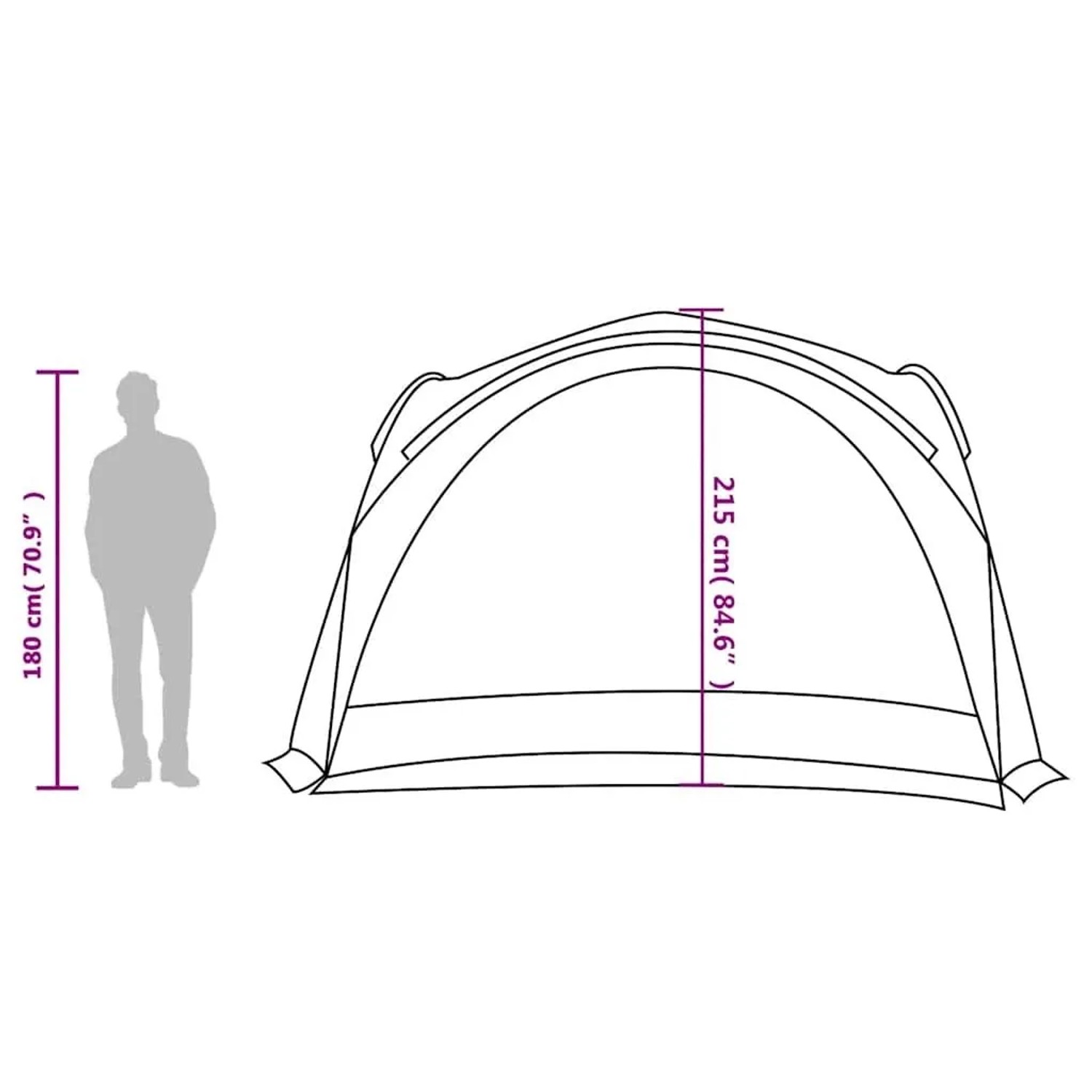 Maßzeichnung des weißen vidaXL Partyzelts (Pavillon). Höhe 215 cm, mit 180 cm Person zum Größenvergleich.