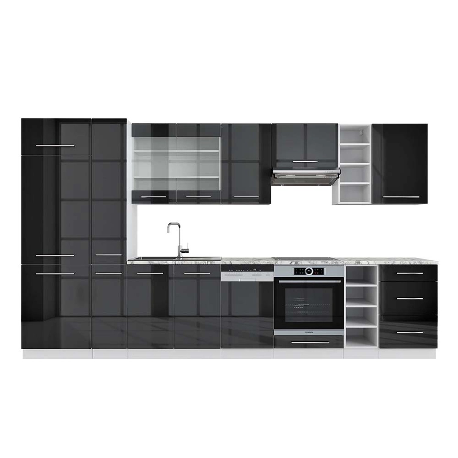 Vicco Fame-Line Küchenzeile Anthrazit Hochglanz/Weiß 355 cm AP Marmor günstig online kaufen