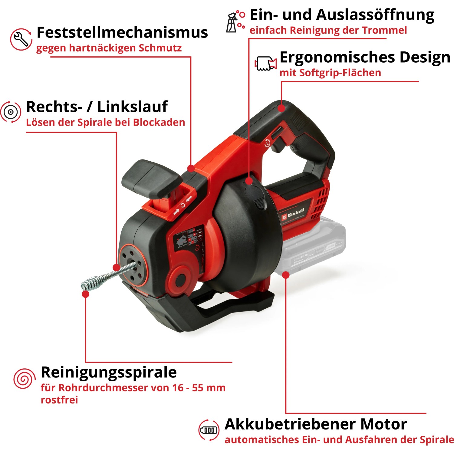 Einhell Akku-Rohrreiniger TE-DA 18/760 Li Solo: Rotes Akkugerät mit Reinigungsspirale für Rohre.