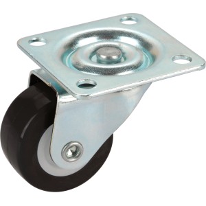 Schwarze Möbelrolle, Ø 30 mm, mit Anschraubplatte für leichte Möbel.