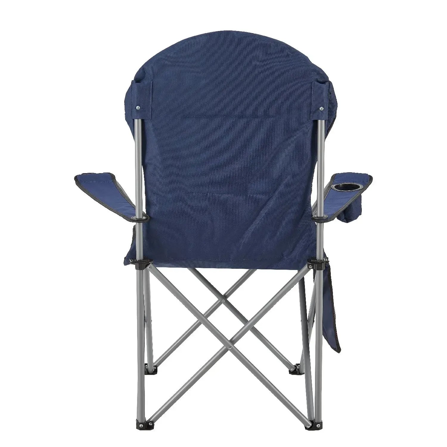Dunkelblauer Campingstuhl mit Getränkehalter und Tragetasche, Rückansicht.