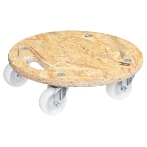 Wagner Transporthilfe mit OSB-Platte, 380 mm Durchmesser und vier Rollen. Tragkraft 250 kg.