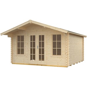 Skan Holz Gartenhaus Trondheim, naturbelassen, 380x300 cm. Holz-Gartenhaus mit Doppeltür und Fenstern.