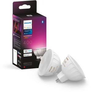 2er-Pack Philips Hue LED MR16 GU5.3 Lampen mit Farbwechsel und 400 Lumen, zusammen mit der Produktverpackung.