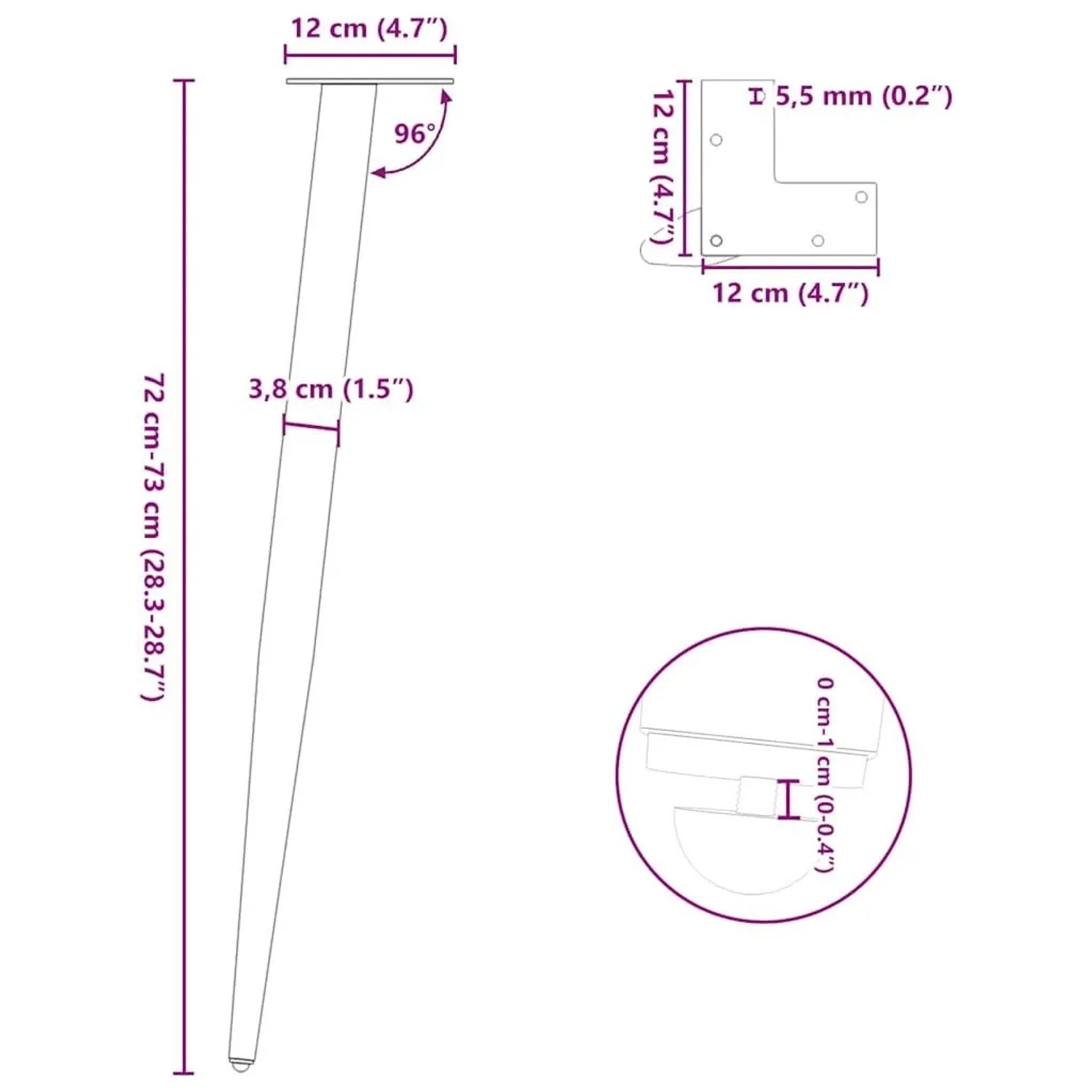 vidaXL Konsolentischbeine Konische Form 4 Stk Weiß 72-73 cm Stahl 4012517_10