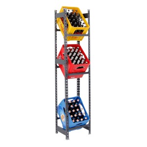 PROREGAL Getränkekistenregal Big Camel, anthrazit, mit drei farbigen Kisten.