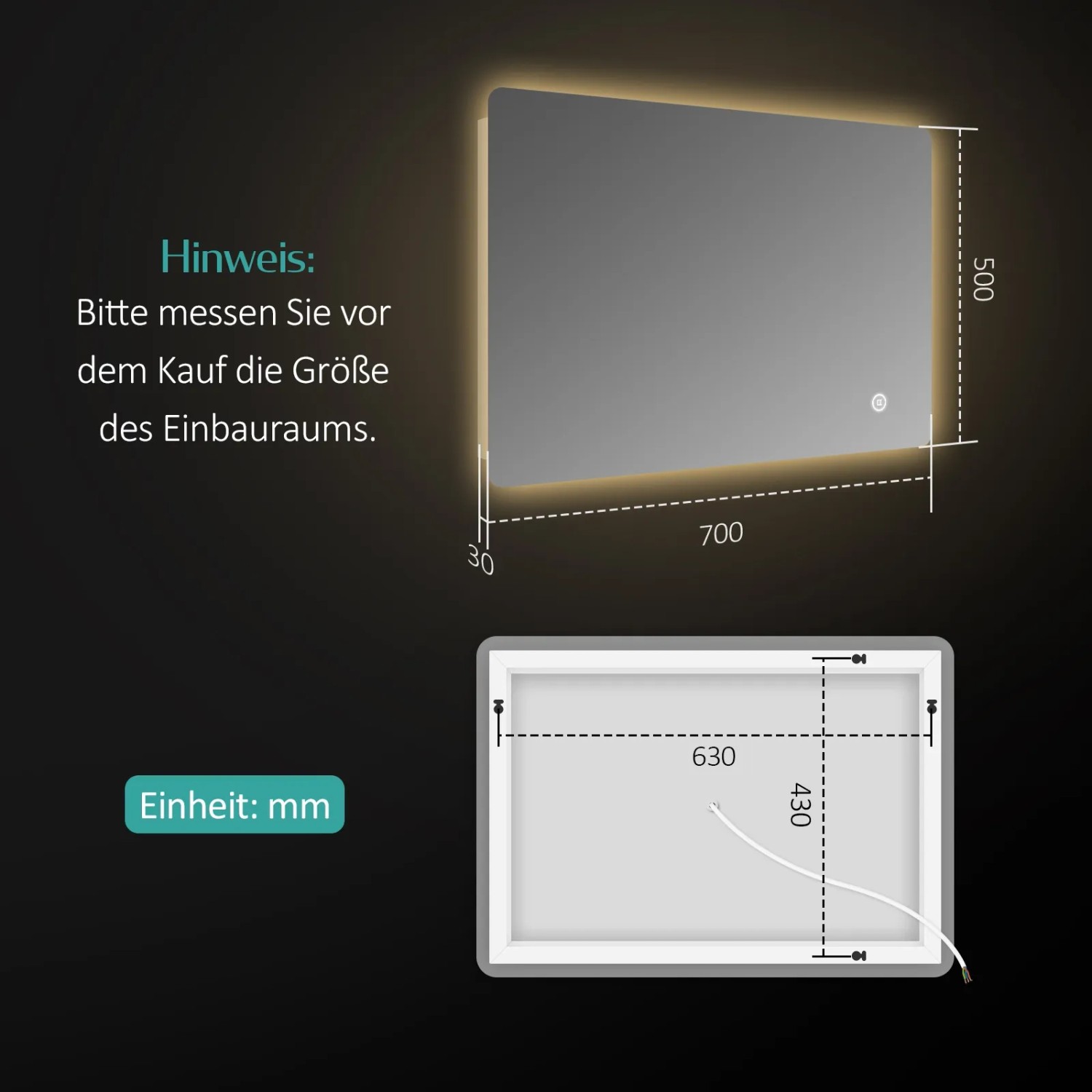 Skizze: Emke Badspiegel 70x50 cm mit LED-Beleuchtung, Maße und Hinweis zum Messen vor dem Kauf.