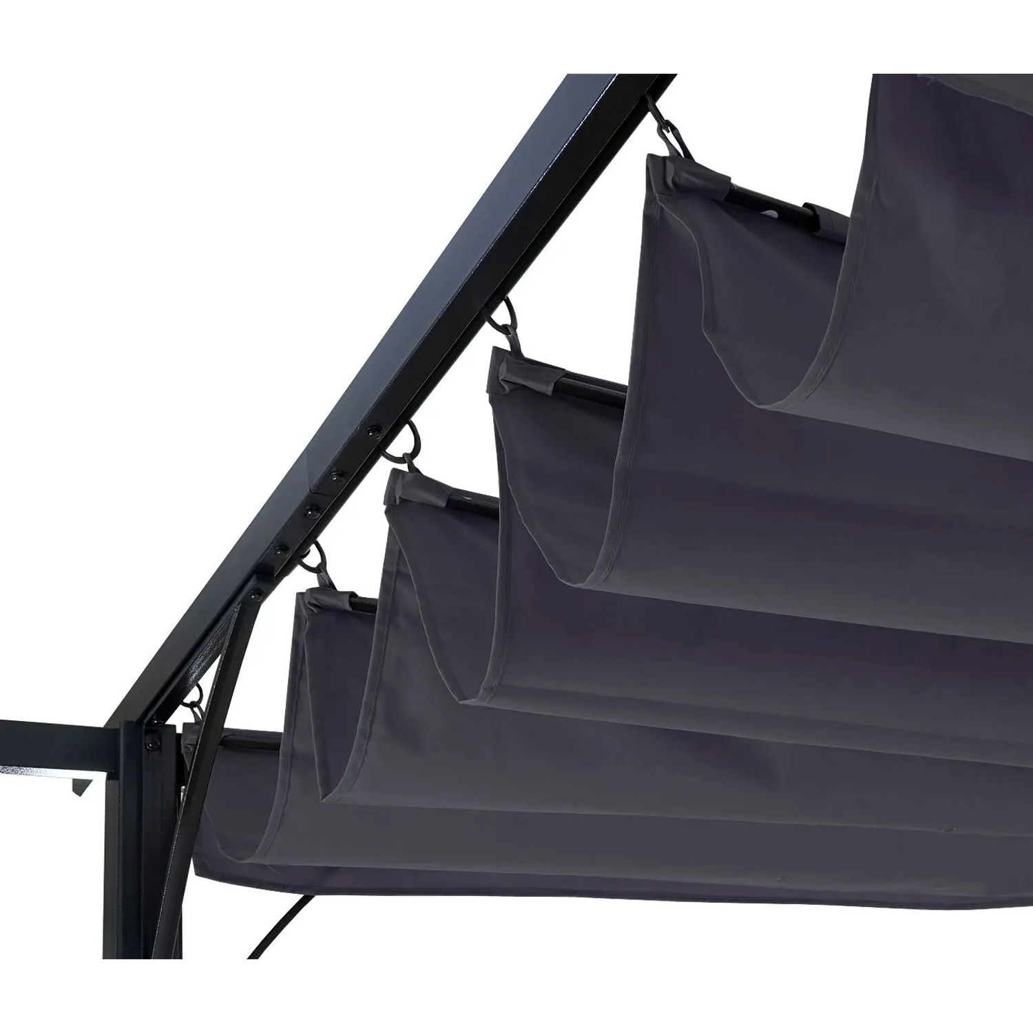 Detailaufnahme der grauen MCW Pergola C42 3,5x3,5m mit stufenlos regulierbarem Schiebedach.