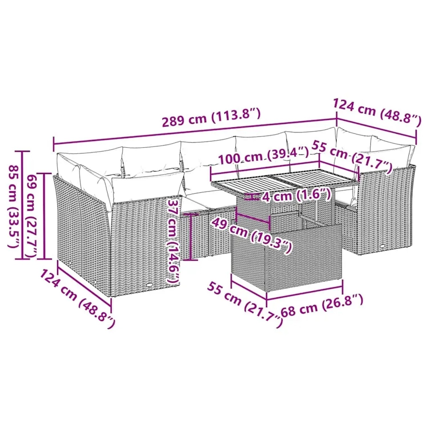 vidaXL Garten-Sofagarnitur, 8-teilig, schwarz, Poly Rattan, mit Maßen. Ideal für Terrasse und Garten.
