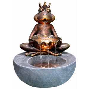 Kunststeinbrunnen Froschkönig für den Garten, Polyresin, mit LED und Pumpe.